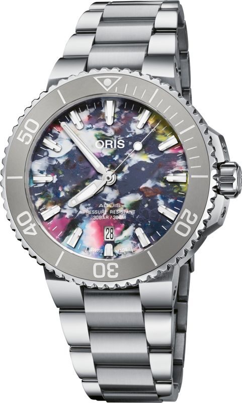 時計の上月 腕時計 オリス Oris アクイス デイト アップサイクル ダイバーズ 機械式自動巻 733 7766 4150 Set 再生プラスチック 文字盤 画像2枚目 3枚目が在庫商品の文字盤 正規品 コレクションケースプレゼント Set